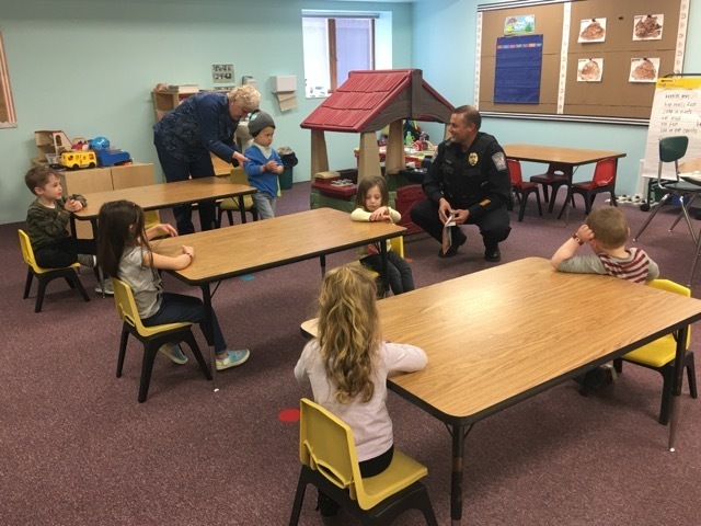 Chief Nosbisch talking to our Preschoolers about public safety.